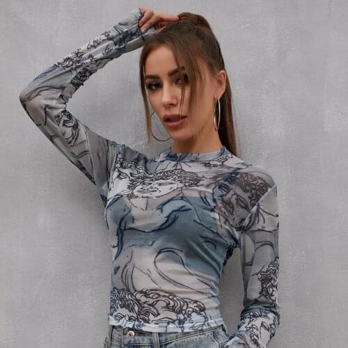 Long-Sleeved Printed Sexy Mesh Korean Fashion Spring Autumn Summer Vintage Clothes For Women T-Shirt Tops Blouses 2021
