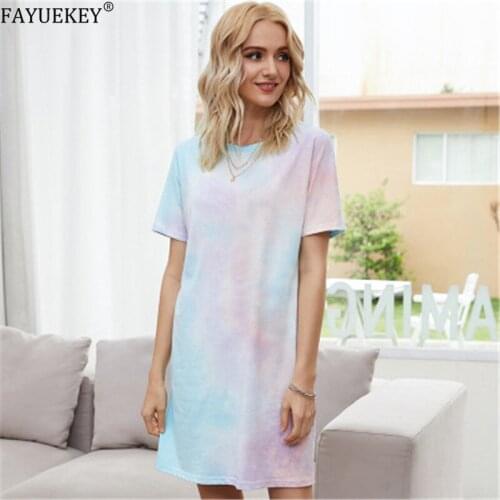 FAYUEKEY Tshirt Dress Tie-Dye Summer Gradient Color Short Dresses Casual Women Loose Fit Clothing 2020 Summer Clothes