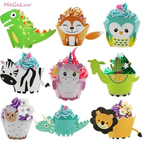 12pcs Dinosaur Cupcake Toppers Wrapper Cartoon Animal Party Unicorn Lion Zebra Cake Decor Baby Shower Birthday Party Supplies