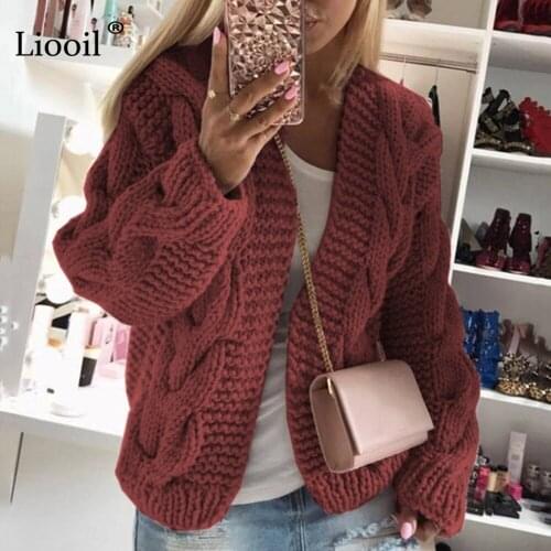 Liooil Knit Thick Sweater Cardigan Women 2020 Long Sleeve V Neck Solid Womens Casual Loose Winter Clothing Warm Keeping Coats