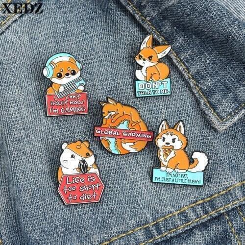 XEDZ Animal Enamel Pins Children’s Jewelry Game Machine Pizza Dog Don’t Talk Cat Global Warming Fox Cute Squirrel Fashion Brooch