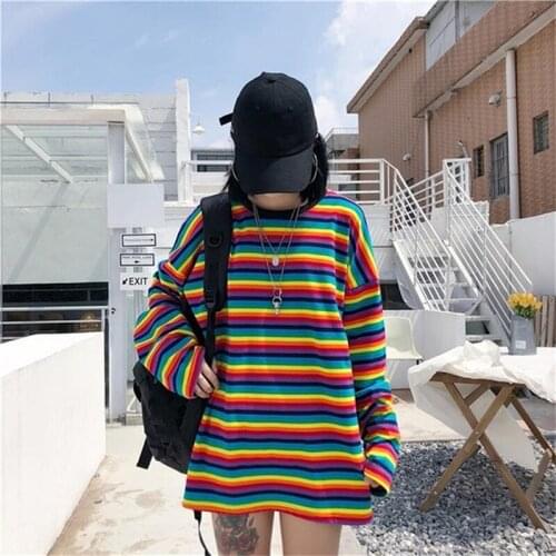 Rainbow Stripe T Shirt Autumn Harajuku Female Shirt Long Sleeve Plus Size Tshirts Woman Korean Tops Feminine