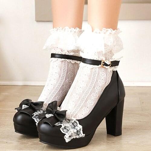 2021 Large Size 47 Sweet White Black Platform High Heels Women Shoes Mary Janes Bow Tie Lace Dating Lady Pumps Female