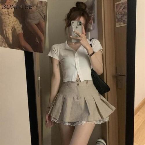 2 Pieces Sets Women Summer New Fashion Elegant All-match Slim Crop Tops Female Pleated Lace Patchwork Skirts Leisure Ulzzang Fit