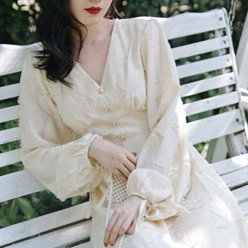 French Retro Evening Party Dresses Women Long Sleeve Vintage Midi Dress Ladies Koraen Fashion Sweet Elegant Dress 2021 Autumn