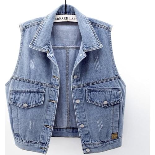 Spring Autumn Vintage Women Denim Vest Pocket Sleeveless Jacket Casual Tops Female Light Blue Jeans Waistcoats Short Coat H1536