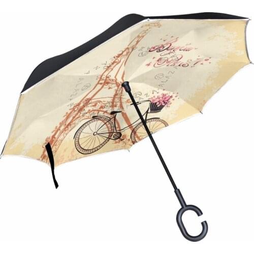 Paris Eiffel Tower Inverted Self Stand Long-Handled Umbrella Rain Women Parasol Double Layer Reverse Umbrella for Car