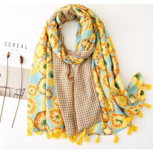 2021 Spain Luxury Brand Fashion Yellow Floral Patchwork Viscose Shawl Scarf Women Print Hijabs and Wraps Muslim Sjaal 180*100Cm