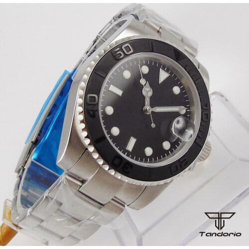 40mm tandorio Genuine NH35 MIYOTA 8215 Movement Mens Watch Black Dial Sapphire glass Date 904L Steel Bracelet