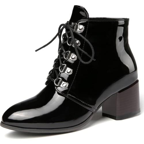 Thick Heel Mirror Patent Leather Short Boots Professional OL Lace-Up Short Boots Burgundy Mid-Heel Lace-Up Ankle Boots