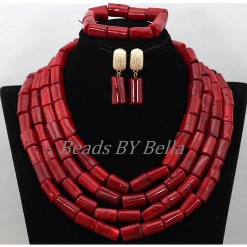 Marvelous Big Full Beads Red Coral African Wedding Jewelry Nigerian Costume Necklace Bridal Jewelry Sets Free Shipping ABK293