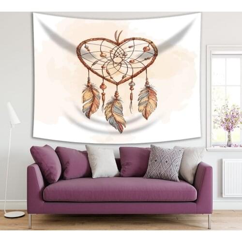 Tapestry Dreamcatcher Feathers Beads in Heart Shape Ethnic Boho Colorful Romantic Brown Gray Artwork Print
