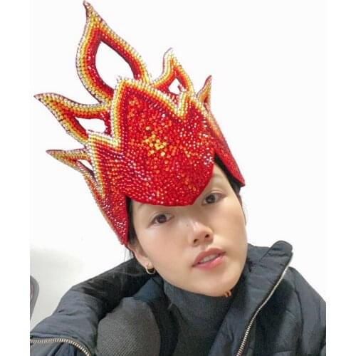 2021 Red Rhinestone Headdress Exaggerated Fire Hat Bar Club Gogo Dance Costume Rave Outfit Stage Clothing Accessories VDB3334