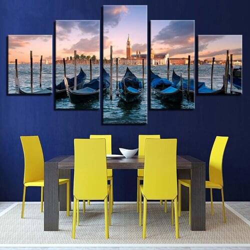Canvas Pictures Home Wall Art Framework Decor 5 Pieces Blue Boat Seascape Paintings Seaside City Sunset Landscape Prints Posters