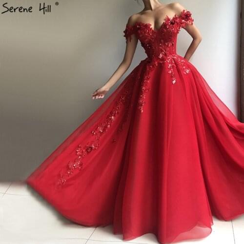 Red Luxury Sequined Beading Sexy Evening Dresses 2020 Dubai Latest Off Shoulder Evening Gowns For Women LA60792