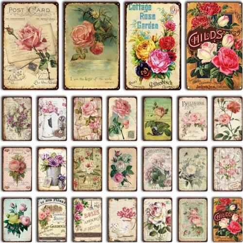 Metal Sign Tin Signs Red Pink White Rose Flower Retro Postcard Posters for Cottage Garden Boulangerie Wall Decor Iron Plaque