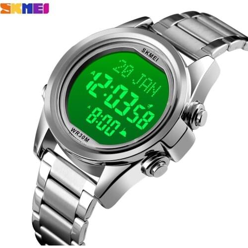 Muslim Azan Clock Men Watch for Prayer with Qibla Compass Adhan Alarm Hijri Calendar Islamic Al Harameen Fajr Time Wristwatches