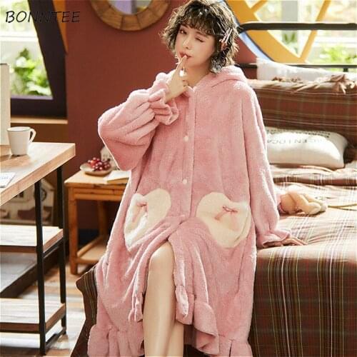 Nightgowns Women Sweet Winter Soft Fashion Lovely Pink Girls Nightdress Casual Warm Daily College Pregnant Womens Sleepshirts