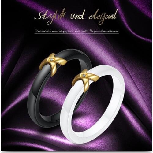 New Fashion simple Black and White Porcelain X Transfer Simple Womens Gold Inlaid Lovers Ring Jewelry