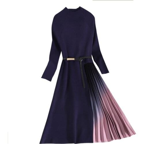 Autumn Winter Elegant Knitted Patchwork Gradient Pink Pleated Dress Women Long Sleeve Office One-Piece Sweater Dress With Belt