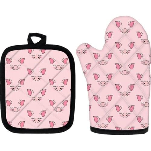 Kitchen Gloves Cute Pink Pig Print Kitchen Cooking Oven Mitt Microwave Insulated Nonslip Glove Polyester Mitts and Pads 2Pcs/Set