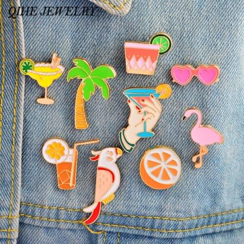 Beach Pins and brooches Sunglasses Orange Juice Drink Tree Enamel pins Badges Lapel pins Women Summer Travel Jewelry