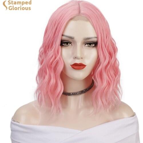 Lativ Short Bob Wavy Synthetic Wig Pink Cosplay Wig Shoulder Length For Women Middle Part Heat Resistant Wigs