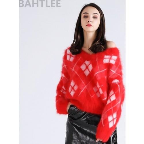 BAHTLEE Winter Womens Angora Knitted Pullovers Sweater V-Neck Mink Cashmere Jacquard Process Keep Warm Loosefir Thick
