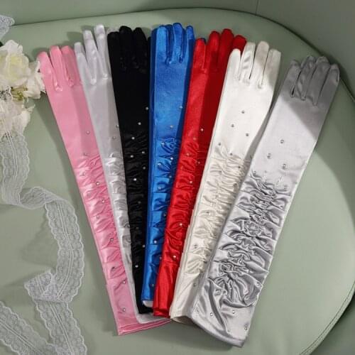 50cm Women Girls Sexy Rhinestone Satin Long Finger Gloves Wedding Dress Gloves Dance Drama Performance Props Party Supplies