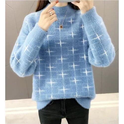 Blue Sweaters Women knitted Pullover Warm Pattern Mohair Orange Thick Plush Wool Winter Warm Autumn Loose Soft fur Cashmere