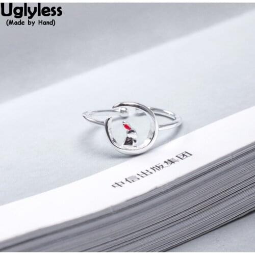 Uglyless I LOVE U TO THE MOON Finger Rings for Women Lovely Rabbit Sitting on Moon Open Rings Solid 925 Silver Enamel Jewelry