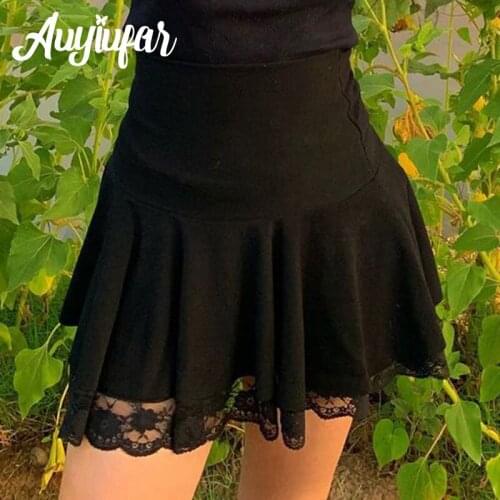 Auyiufar Fairycore Lace Trim High Waist Mini Skirt Goth Patchwork Y2k Sexy A Line Skirts Cute Aesthetic Solid Girl Women Cloth