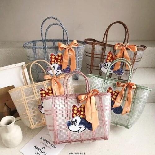 NEW Women Mickey Mouse Beach Bag Woven Bucket Bag Casual Tote Handbags Bags Popular Receive straw plastic braided basket