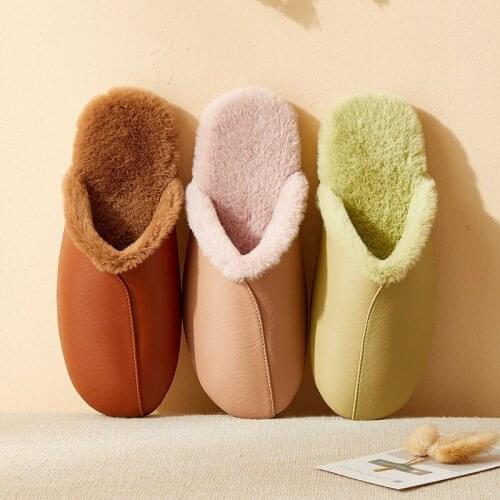 Women Shoes 2021 faux fur waterproof soft leather slippers for women men Simple fuzzy Indoor home slippers Luxury mule shoes