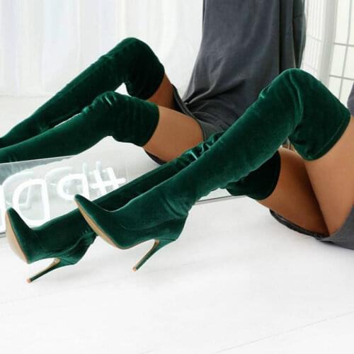 Women Suede Over-the-knee Boots Woman Stetch Fabric Zips Boots Ladies Pointed Toe Sexy Thin High Heels Female Shoes Big Size
