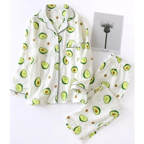 2 Pcs Pajamas Set Women 2020 Sping Autumn Long Sleeve Top & Full Length Pants Women Fresh Style Avocado Printed Homewear Pajamas