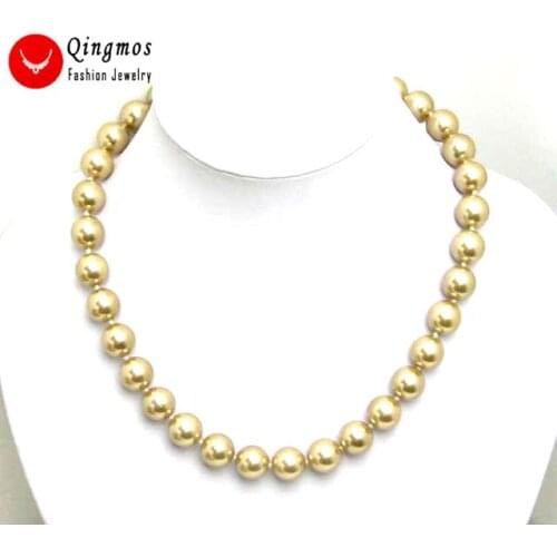 Qingmos Champagne Sea Shell Pearl Necklace for Women with 12MM High Luster Round Shell Pearl 17" Chokers Necklace Jewelry 5162