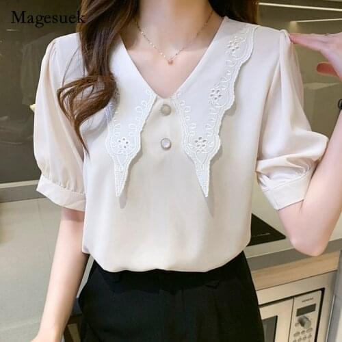 2021 Summer New Women Elegant Shirt Lace Crochet Lapel Short Sleeve Shirt Chiffon Solid Temperament Tops for Women Blusa 14751