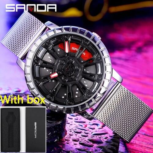SANDA Hot Sell Fashion Men Watches Creative 360 Degree Rotating Car Wheel Quartz Watch Steel Grid Waterproof Rim Hub Clock Men