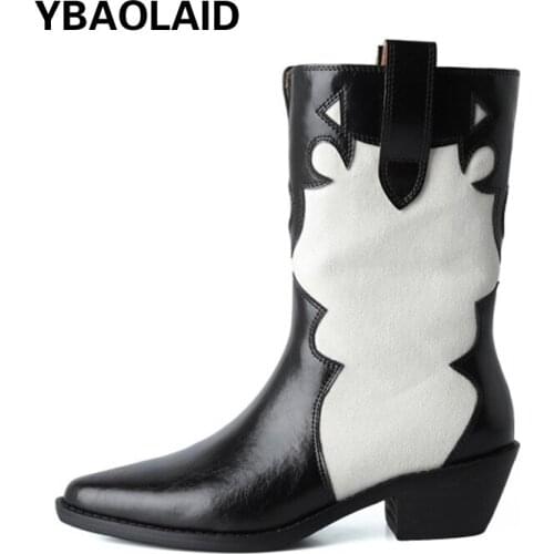 Black and White Color Matching Leather Thick Heel Short Barrel Cowboy Boots New Pointed Toe Solid Color High Barrel Knight Boots