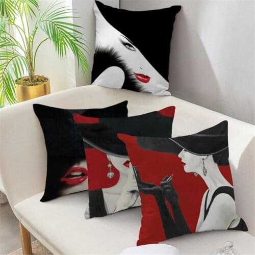 Fuwatacchi Decorative Pillow Case for Living Room Sofa Throw Pillowcases Elegant Lady Pattern Red Black Cushion Cover Home Decor
