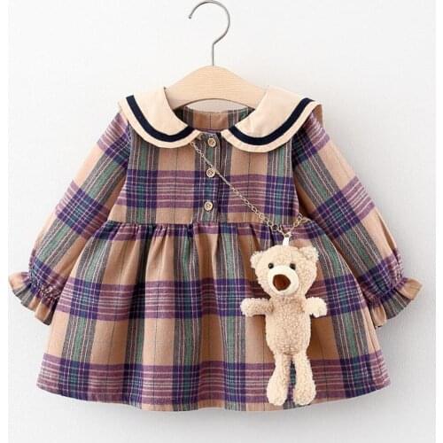 Baby Girl Clothes 1-4 Years Autumn Winter Long Sleeve Plaid Princess Dress Han Edition Fashion Cute Doll Collar Free Bear Toy