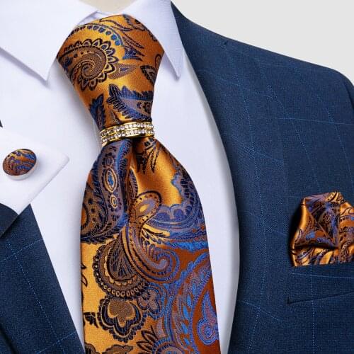 Men Tie Blue Gold Paisley Quality Wedding Tie For Men Tie Ring Hanky Cufflink Silk Tie Set DiBanGu Designer Business JZ03-7281