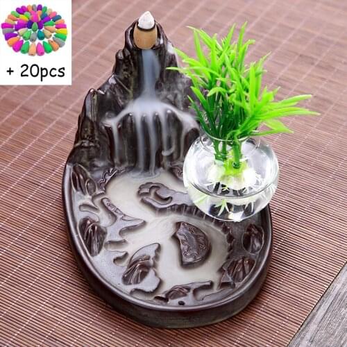 The Waterfall Backflow Incense Burner + 20 Pcs Incense Cones Therapy Hydroponic Pot Fit Incense Sticks Holder for Home Decor