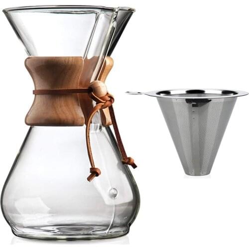 Classic Glass Coffee Pot Wooden Handle Heat Resistant Pour Over Coffee Maker Manual Coffeemaker V60 Hand Dripper 400-800ml