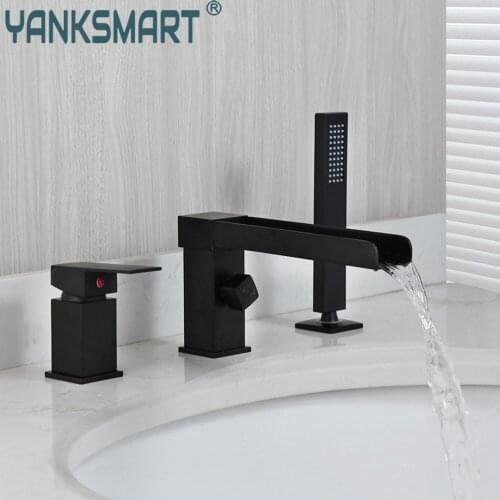 YANKSMART 3 Pcs Matte Black Bathtub Shower Faucet Set Double Handles Control Deck Mounted Waterfall Basin Faucet Mixer Water Tap