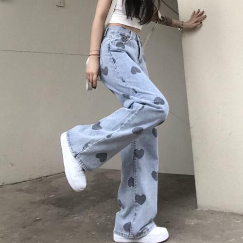 Cool Funny Heart Print Jeans Girls Pants Fashion Trousers Harajuku High Street Denim Bagge Autumn Korean Boyfriend Jeans Femme