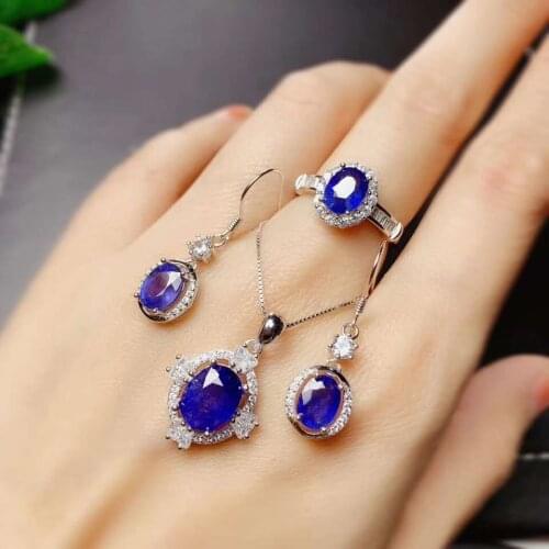 Real Natural Sapphire jewelry set Natural Real Sapphire 925 sterling silver 1pc pendant,1pc ring,2pcs Earring