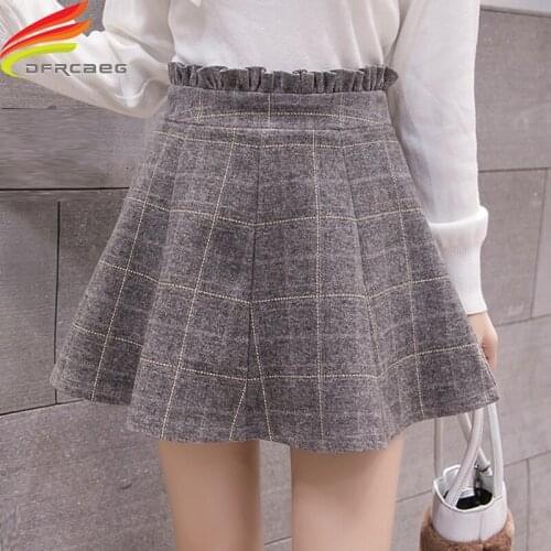Autumn Winter Womens Skirt Mini New Arrivals High Waist Bud Gray Or Black Plaid Skirt Women Woolen Cotton Skirts With Lining