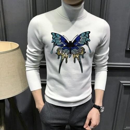 Classic Fashion Pullover Oversized Men Turtleneck Sweater Creative Butterfly Pattern Designer Sweatshirt Brand